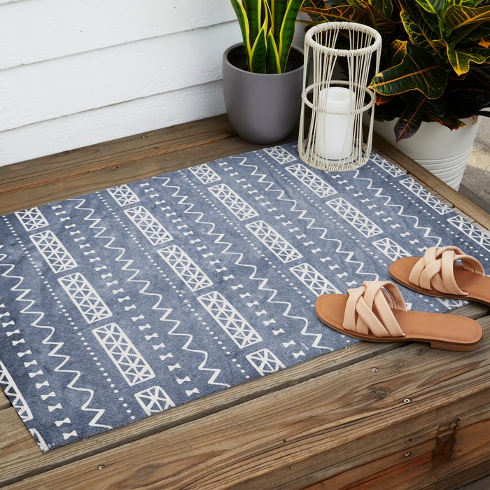 Blue and White Bow Tie Zig Zag Mud Cloth Pattern  Outdoor Rug Gallery Image 2
