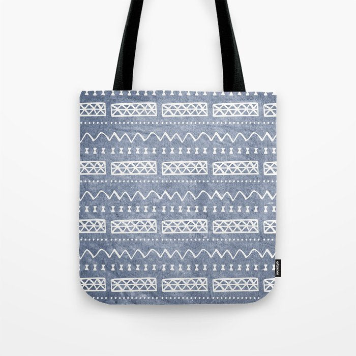Blue and White Bow Tie Zig Zag Mud Cloth Pattern  Tote Bag Gallery Image 1