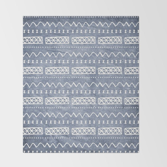 Blue and White Bow Tie Zig Zag Mud Cloth Pattern  Throw Blanket Gallery Image 2