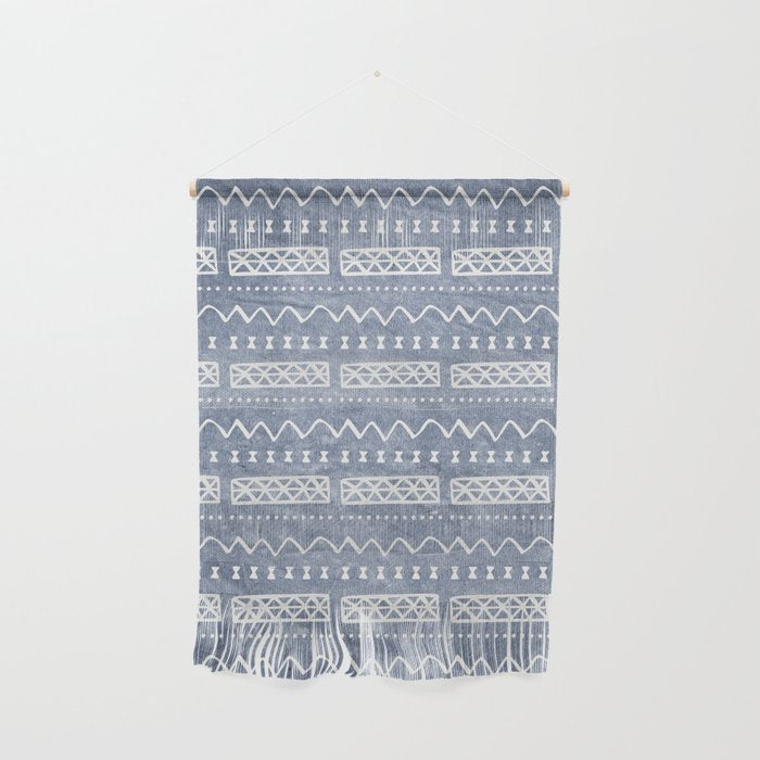 Blue and White Bow Tie Zig Zag Mud Cloth Pattern  Wall Hanging Gallery Image 1