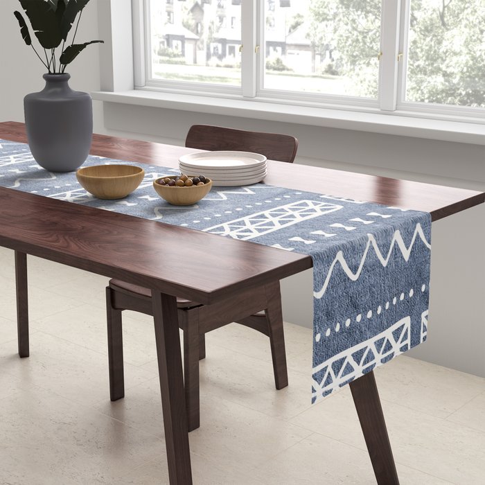 Blue and White Bow Tie Zig Zag Mud Cloth Pattern  Table Runner Gallery Image 2