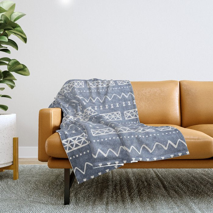Blue and White Bow Tie Zig Zag Mud Cloth Pattern  Throw Blanket Gallery Image 1
