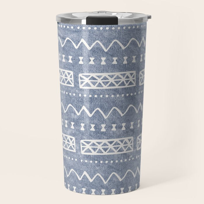 Blue and White Bow Tie Zig Zag Mud Cloth Pattern  Travel Mug Gallery Image 1