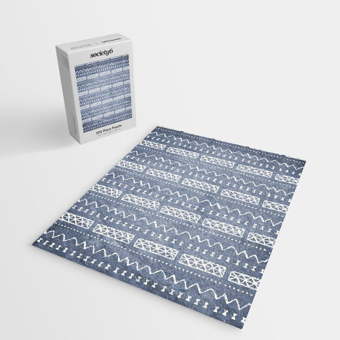 Blue and White Bow Tie Zig Zag Mud Cloth Pattern  Jigsaw Puzzle Gallery Image 2