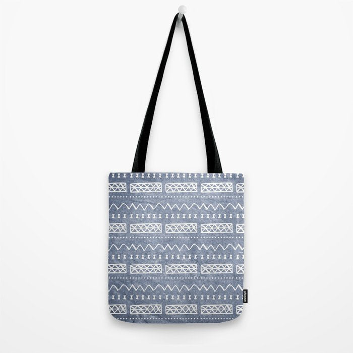 Blue and White Bow Tie Zig Zag Mud Cloth Pattern  Tote Bag Gallery Image 2