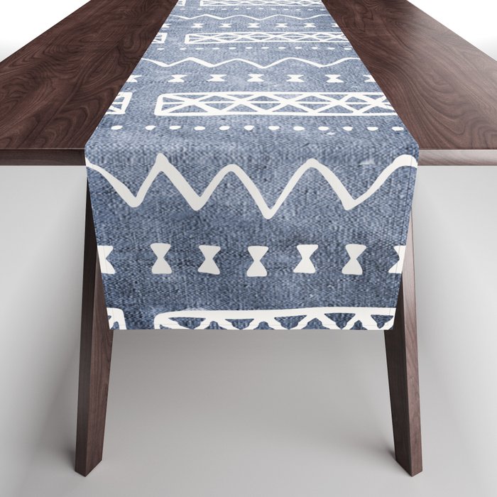 Blue and White Bow Tie Zig Zag Mud Cloth Pattern  Table Runner Gallery Image 1