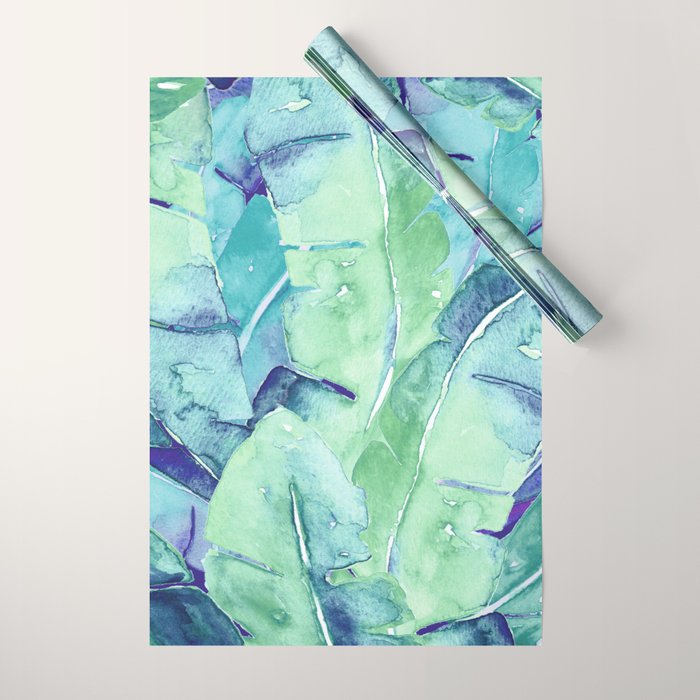 Banana Tree Leaves | Tropical  BLUE Watercolor Wrapping Paper Gallery Image 1