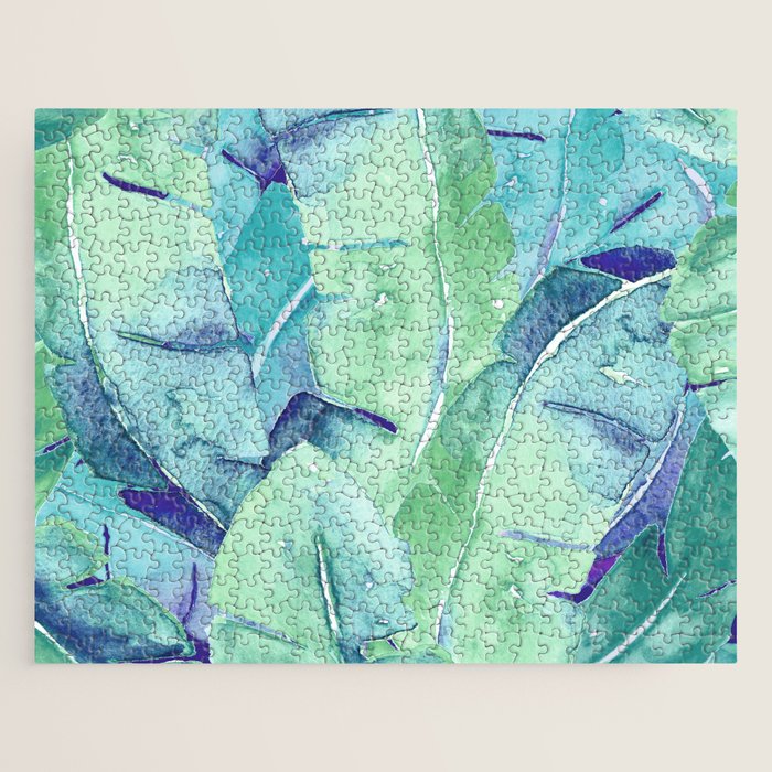 Banana Tree Leaves | Tropical  BLUE Watercolor Jigsaw Puzzle Gallery Image 1