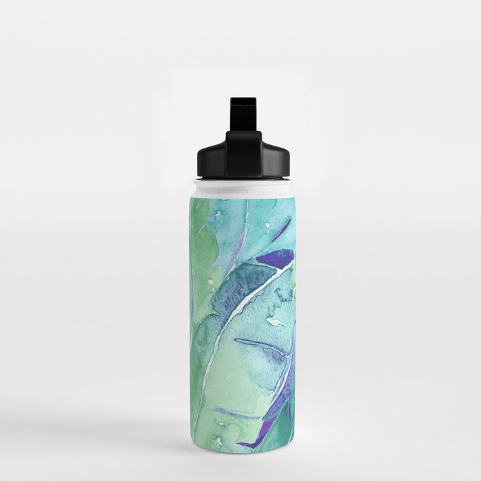 Banana Tree Leaves | Tropical  BLUE Watercolor Water Bottle Gallery Image 2
