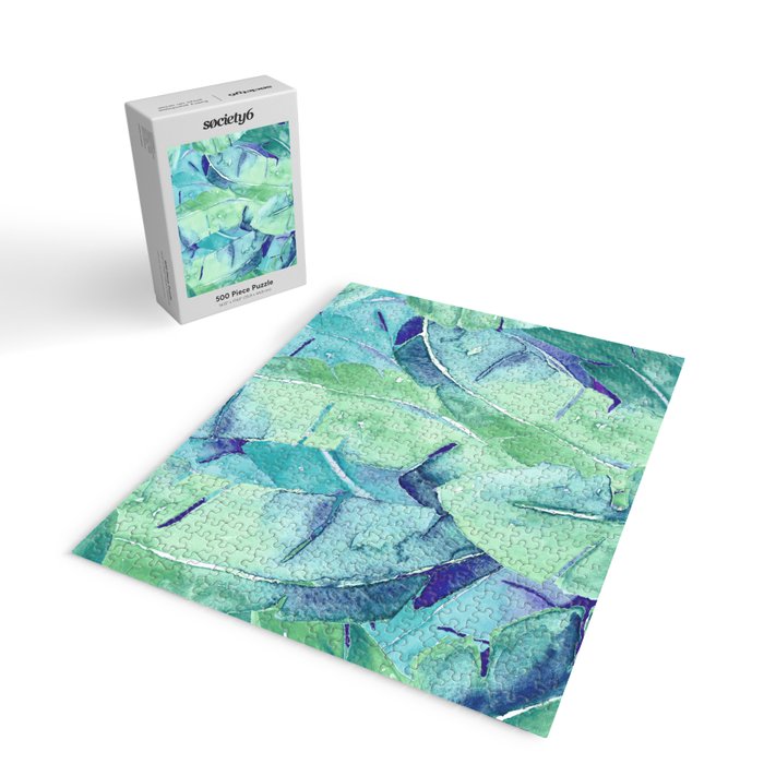 Banana Tree Leaves | Tropical  BLUE Watercolor Jigsaw Puzzle Gallery Image 2