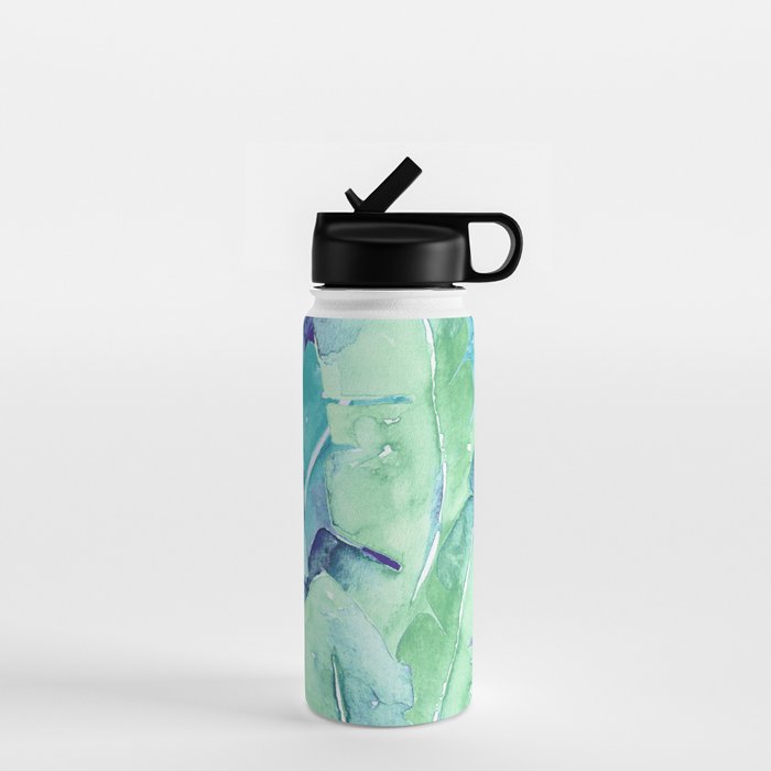 Banana Tree Leaves | Tropical  BLUE Watercolor Water Bottle Gallery Image 1