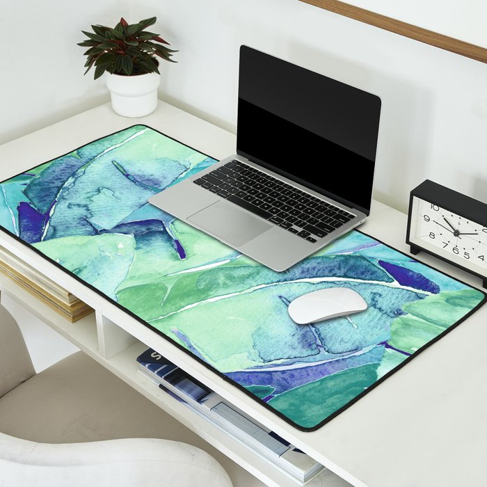 Banana Tree Leaves | Tropical  BLUE Watercolor Desk Mat Gallery Image 2