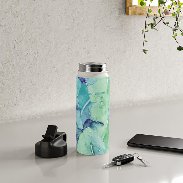 Banana Tree Leaves | Tropical  BLUE Watercolor Water Bottle Gallery Image 4