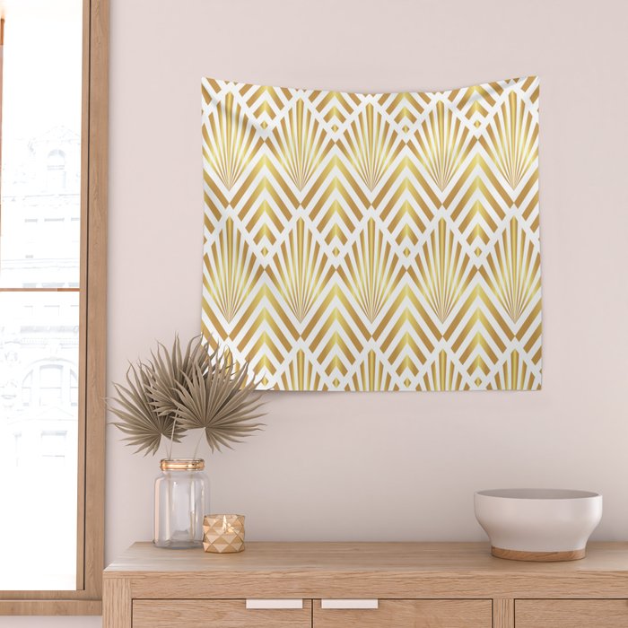 Gold art deco diamonds on white Wall Tapestry Gallery Image 2
