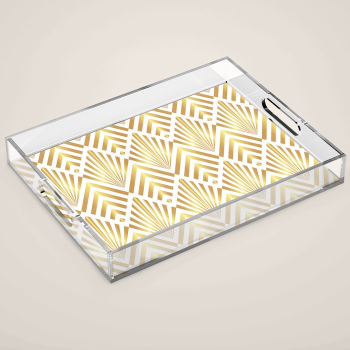 Gold art deco diamonds on white Acrylic Tray Gallery Image 1