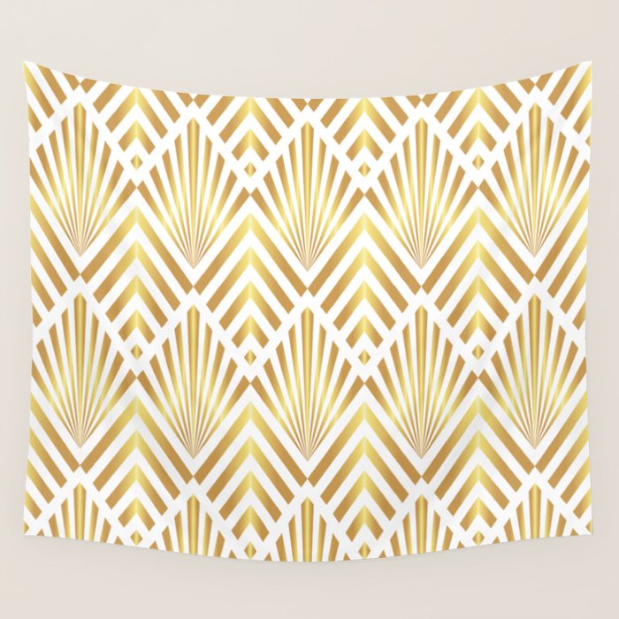 Gold art deco diamonds on white Wall Tapestry Gallery Image 4