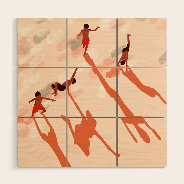 Free Spirits, Children Wild Child Parenthood, Kids Freedom Human Rights Equality, Eclectic Beach Ocean Play Shadows Light Sand Concept Painting Wood Wall Art Gallery Image 1