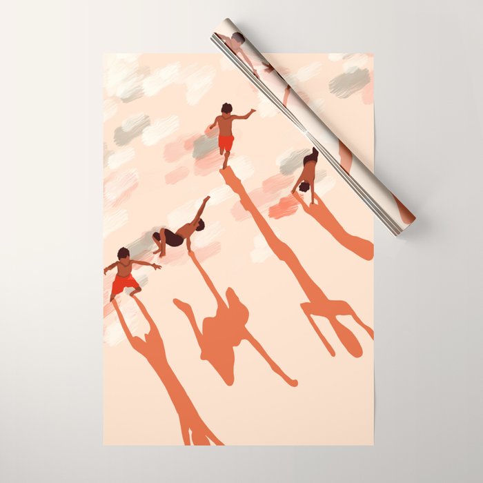Free Spirits, Children Wild Child Parenthood, Kids Freedom Human Rights Equality, Eclectic Beach Ocean Play Shadows Light Sand Concept Painting Wrapping Paper Gallery Image 1