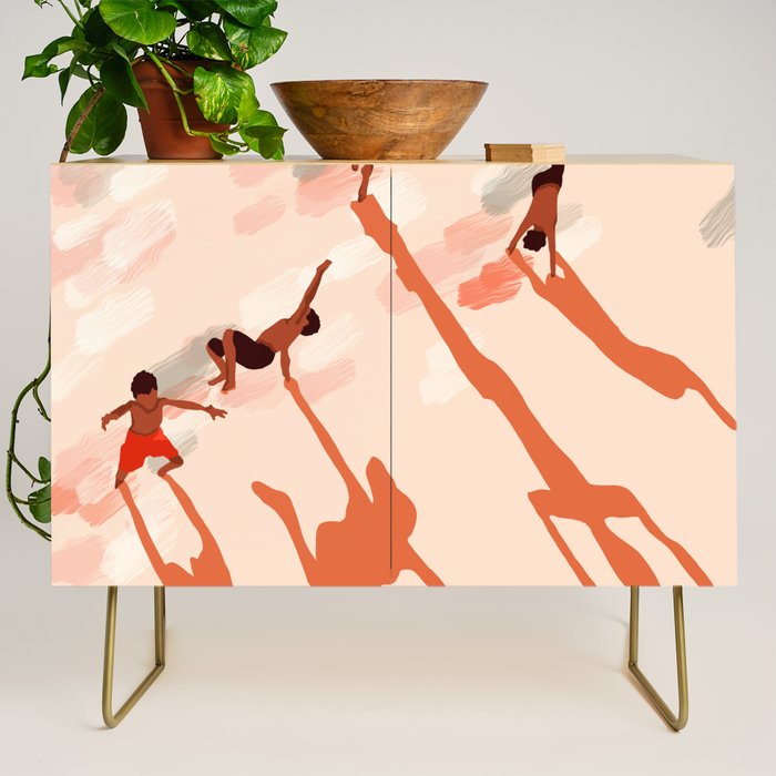 Free Spirits, Children Wild Child Parenthood, Kids Freedom Human Rights Equality, Eclectic Beach Ocean Play Shadows Light Sand Concept Painting Credenza Gallery Image 1