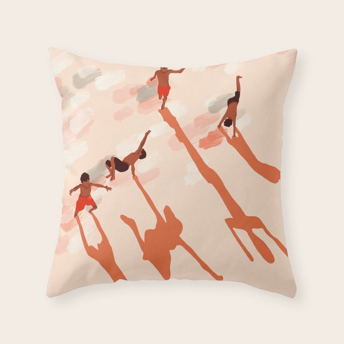 Free Spirits, Children Wild Child Parenthood, Kids Freedom Human Rights Equality, Eclectic Beach Ocean Play Shadows Light Sand Concept Painting Throw Pillow Gallery Image 6