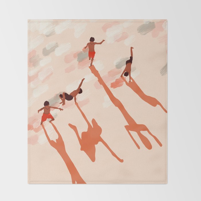 Free Spirits, Children Wild Child Parenthood, Kids Freedom Human Rights Equality, Eclectic Beach Ocean Play Shadows Light Sand Concept Painting Throw Blanket Gallery Image 2