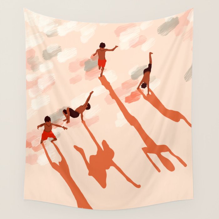 Free Spirits, Children Wild Child Parenthood, Kids Freedom Human Rights Equality, Eclectic Beach Ocean Play Shadows Light Sand Concept Painting Wall Tapestry Gallery Image 4