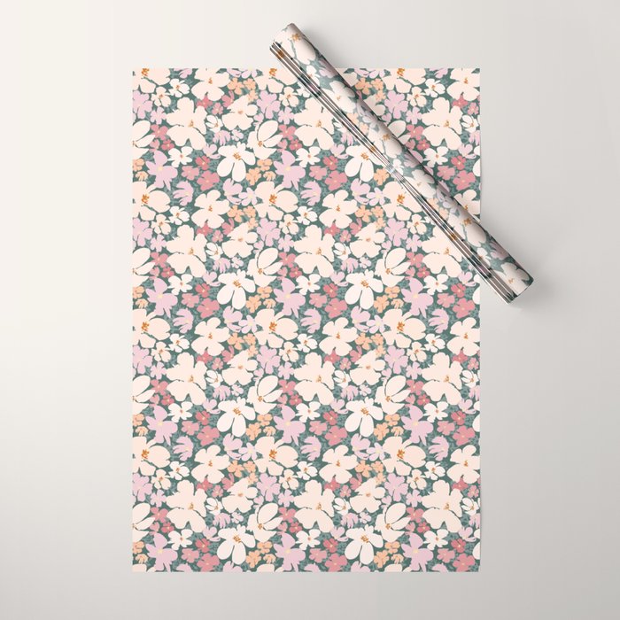 Peach and pink floral field pattern Wrapping Paper Gallery Image 1