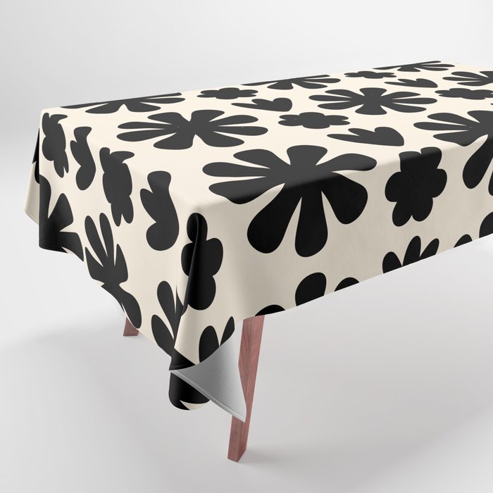 Scandi Floral Grid Retro Flower Pattern in Black and Almond Cream  Tablecloth Gallery Image 1