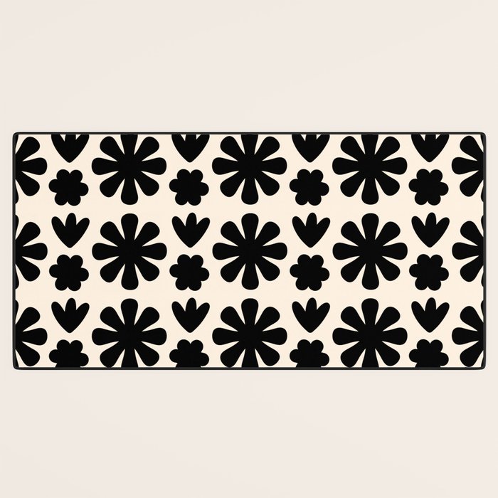Scandi Floral Grid Retro Flower Pattern in Black and Almond Cream  Desk Mat Gallery Image 3