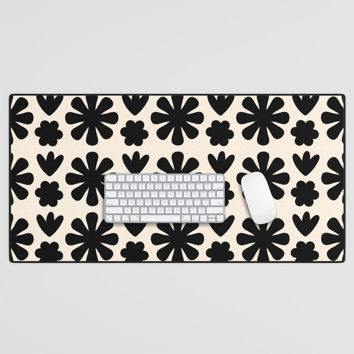Scandi Floral Grid Retro Flower Pattern in Black and Almond Cream  Desk Mat Gallery Image 1