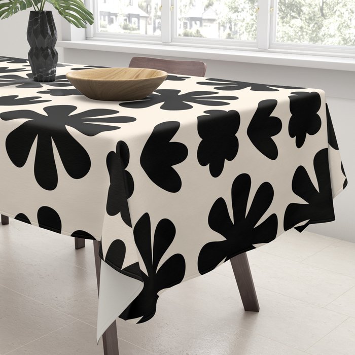 Scandi Floral Grid Retro Flower Pattern in Black and Almond Cream  Tablecloth Gallery Image 3