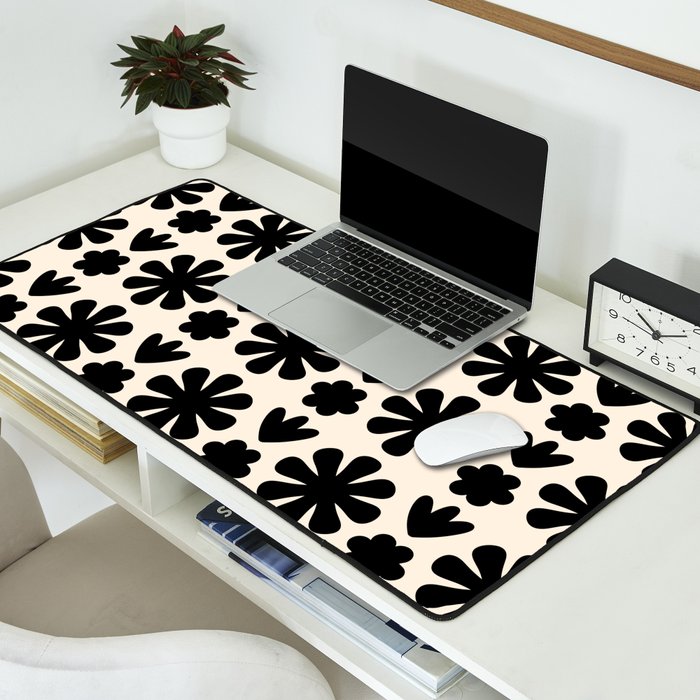 Scandi Floral Grid Retro Flower Pattern in Black and Almond Cream  Desk Mat Gallery Image 2