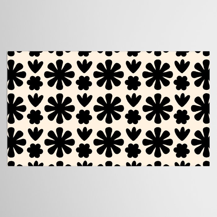 Scandi Floral Grid Retro Flower Pattern in Black and Almond Cream  Tablecloth Gallery Image 2