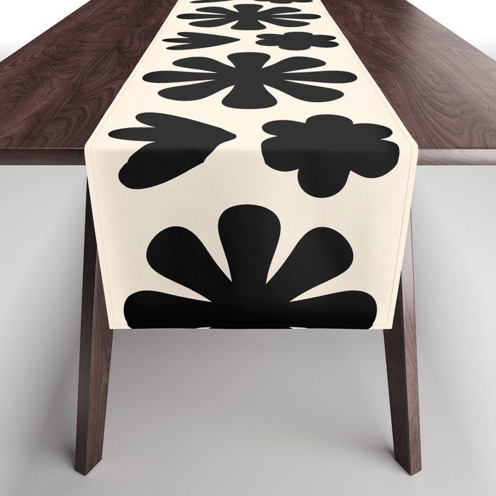 Scandi Floral Grid Retro Flower Pattern in Black and Almond Cream  Table Runner Gallery Image 1