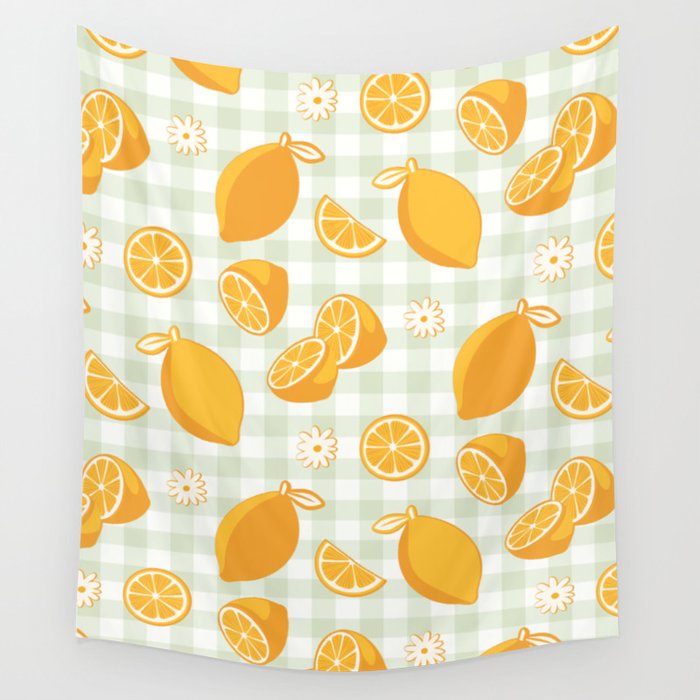 Lemons on Pastel Sage Green Gingham Wall Tapestry Gallery Image 1