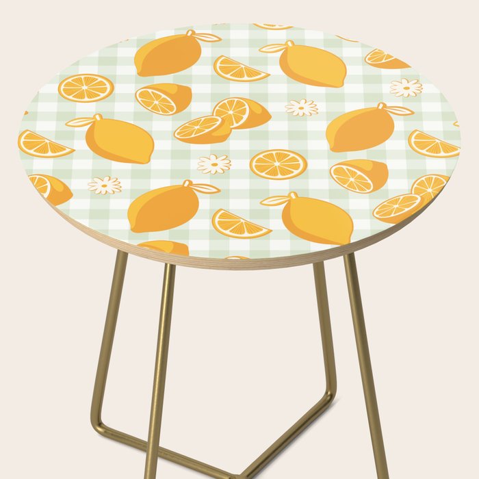 Lemons on Pastel Sage Green Gingham Side Table Gallery Image 2