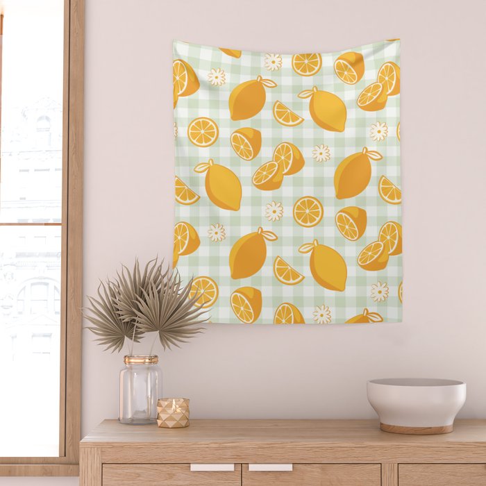 Lemons on Pastel Sage Green Gingham Wall Tapestry Gallery Image 2