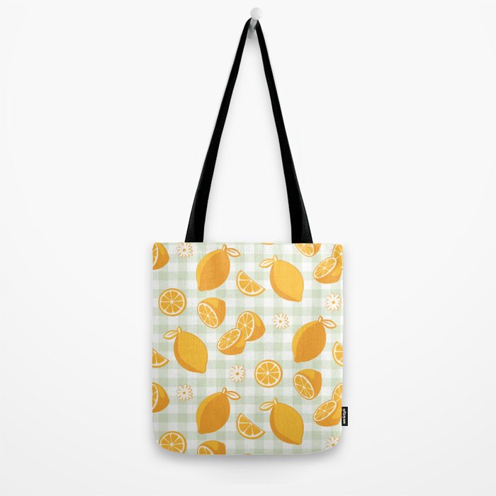 Lemons on Pastel Sage Green Gingham Tote Bag Gallery Image 2