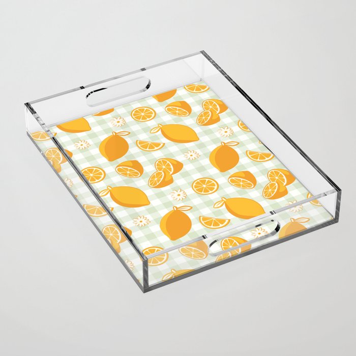 Lemons on Pastel Sage Green Gingham Acrylic Tray Gallery Image 1
