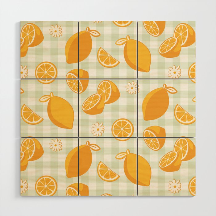 Lemons on Pastel Sage Green Gingham Wood Wall Art Gallery Image 1