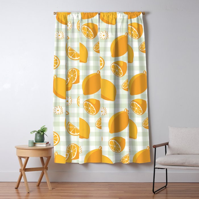 Lemons on Pastel Sage Green Gingham Window Curtain Gallery Image 1