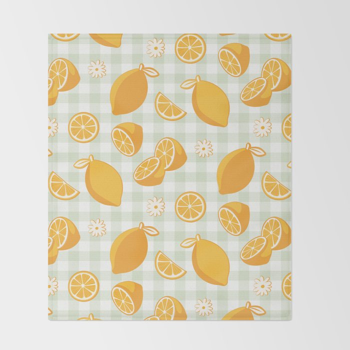Lemons on Pastel Sage Green Gingham Throw Blanket Gallery Image 2
