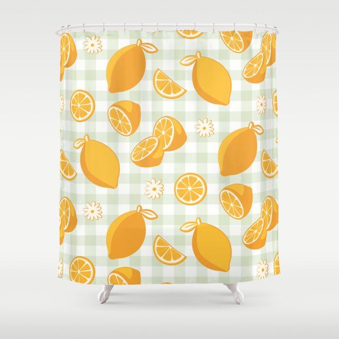 Lemons on Pastel Sage Green Gingham Shower Curtain Gallery Image 1
