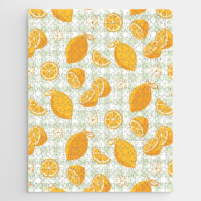 Lemons on Pastel Sage Green Gingham Jigsaw Puzzle Gallery Image 1