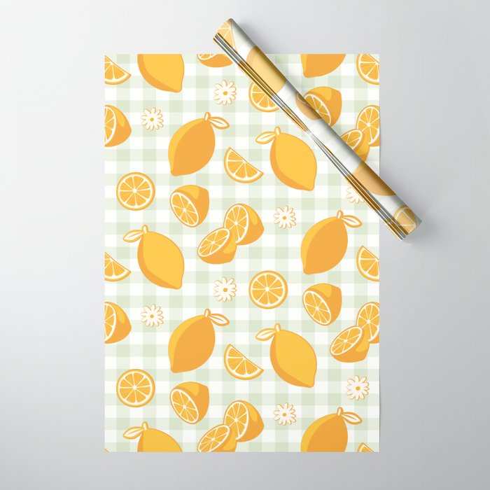 Lemons on Pastel Sage Green Gingham Wrapping Paper Gallery Image 1
