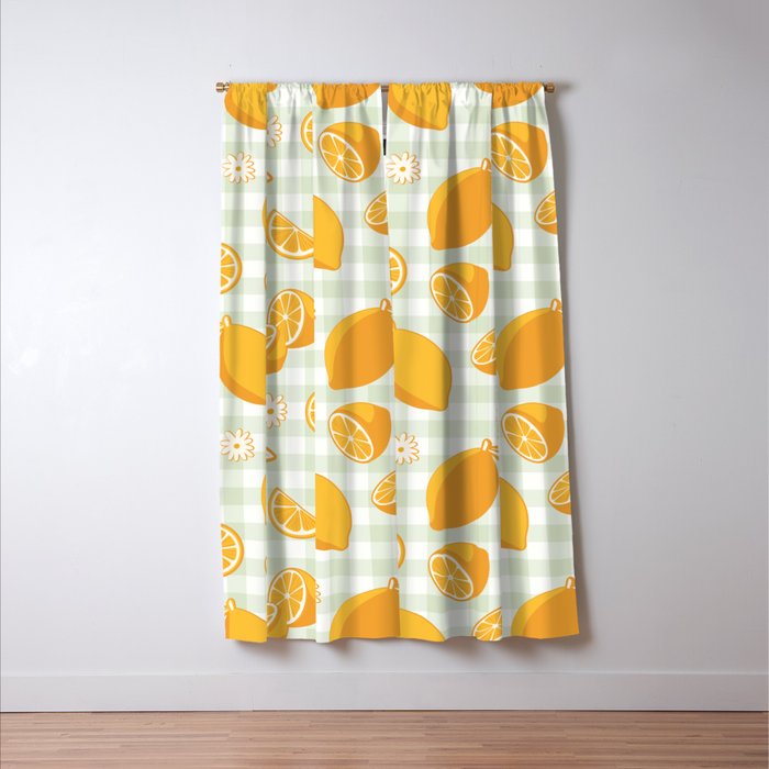 Lemons on Pastel Sage Green Gingham Window Curtain Gallery Image 3