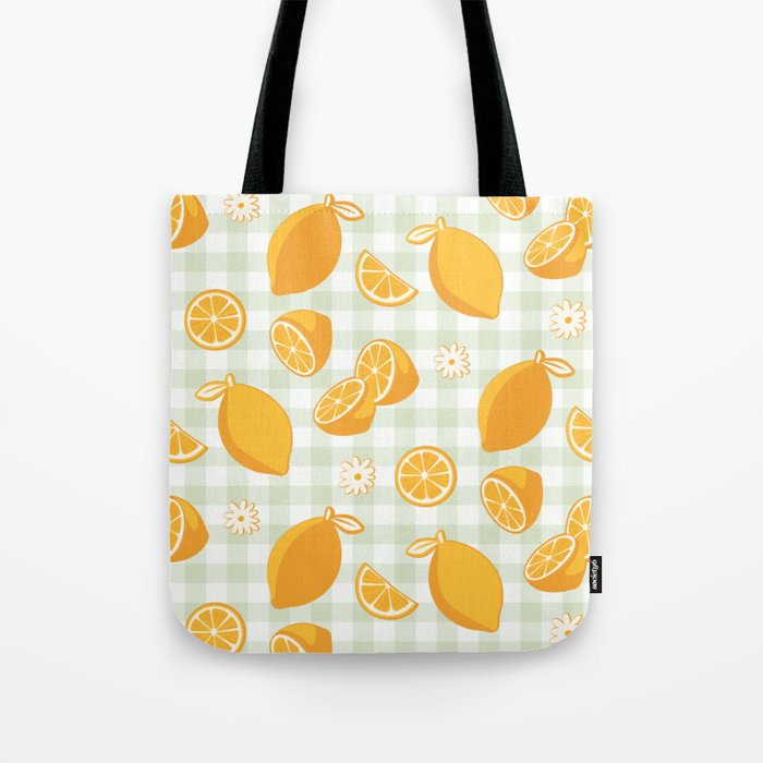 Lemons on Pastel Sage Green Gingham Tote Bag Gallery Image 1