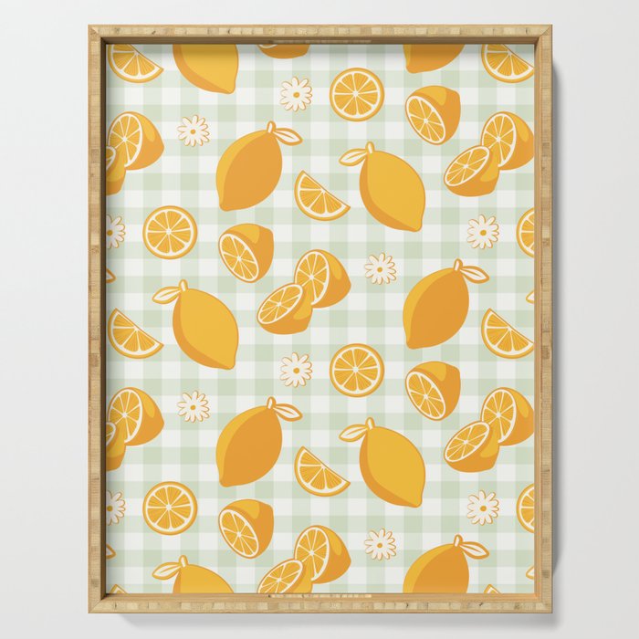Lemons on Pastel Sage Green Gingham Serving Tray Gallery Image 1