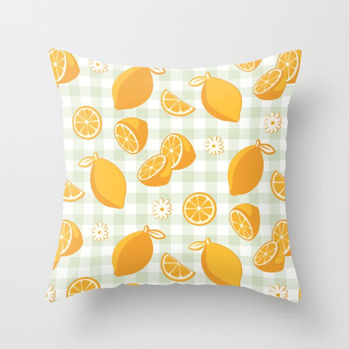 Lemons on Pastel Sage Green Gingham Throw Pillow Gallery Image 6