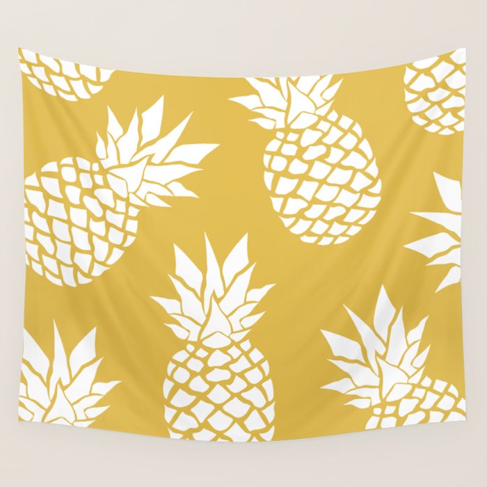 Tropical, Pineapples, Navy Blue ad White Wall Tapestry Gallery Image 4